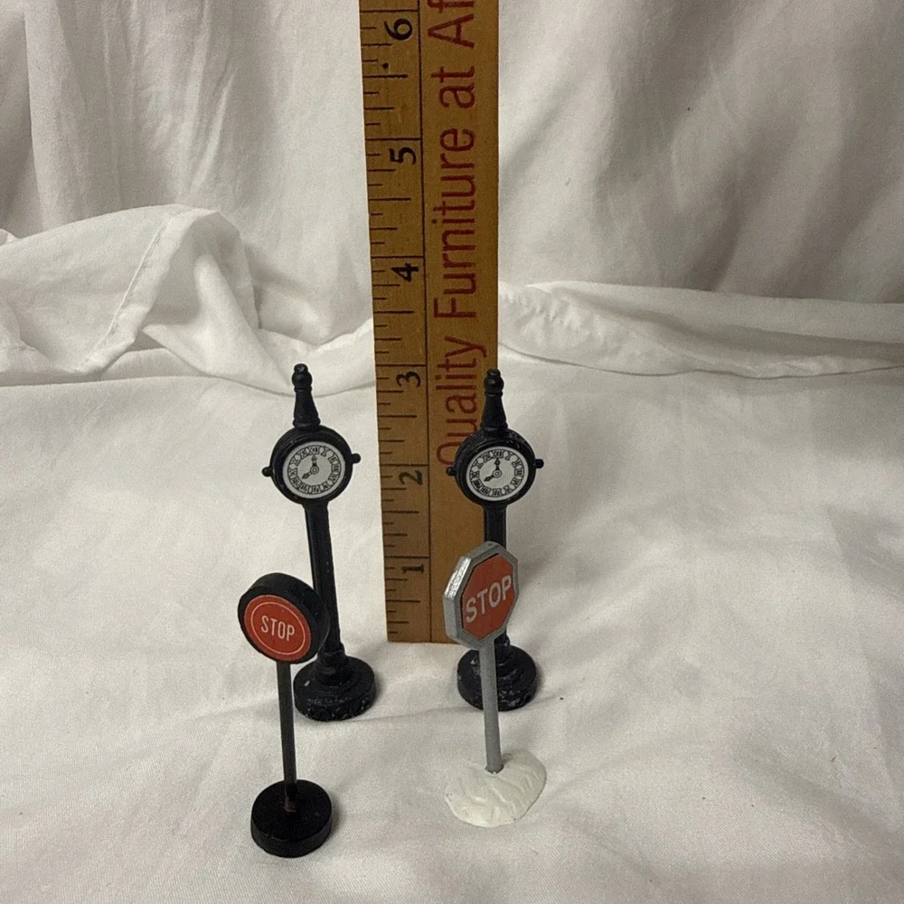 Dept 56 Original Snow Village Accessories Town Clock Lot of 4 Train Stop Sign